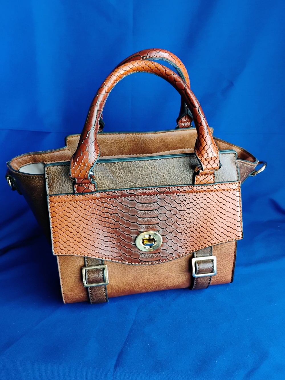 Brown Textured Leather Satchel Handbag